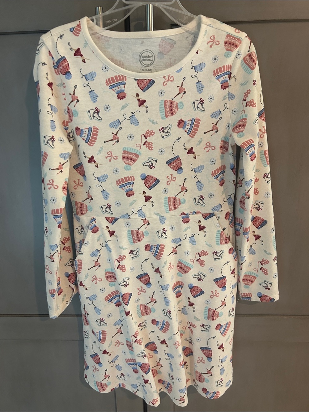 wonder nation White Long Sleeve Knit Dress with Red and Blue Winter Print